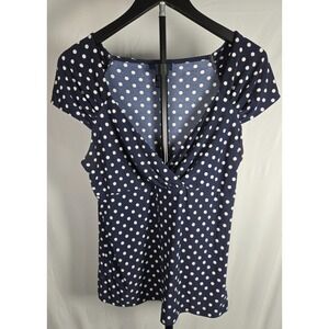 Chaps Polka Dot Faux Wrap Top XL Navy Blue White Short Sleeve Stretch Blouse